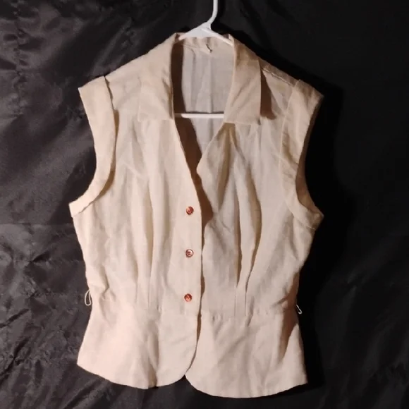 Vintage Cream Sleeveless Button-Up Linen Vest - Picture 1 of 10